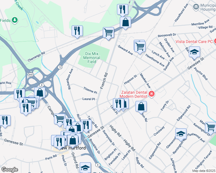 map of restaurants, bars, coffee shops, grocery stores, and more near 119 Lyon Place in Utica
