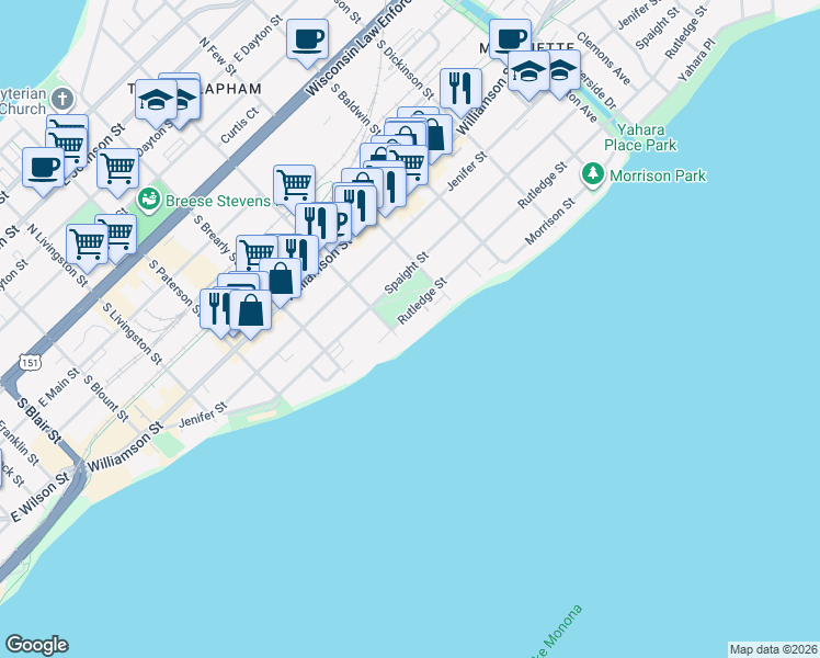 map of restaurants, bars, coffee shops, grocery stores, and more near 1111 Rutledge Street in Madison
