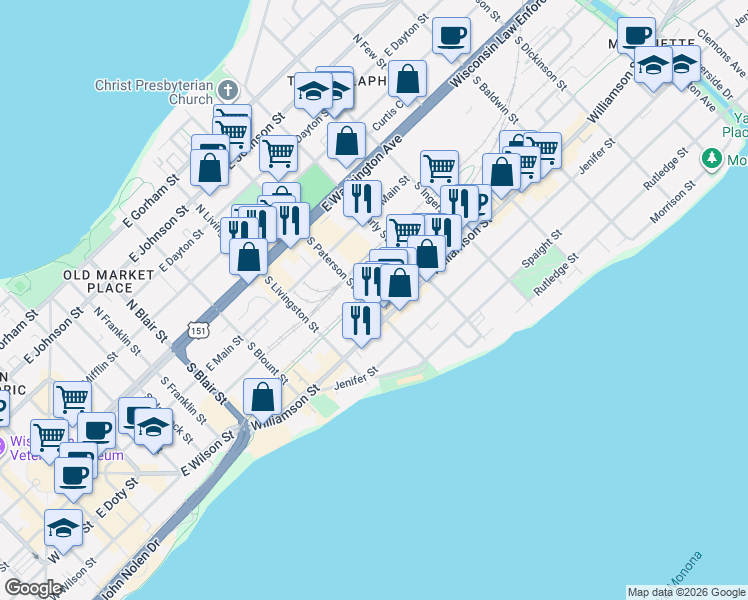 map of restaurants, bars, coffee shops, grocery stores, and more near 305 South Paterson Street in Madison
