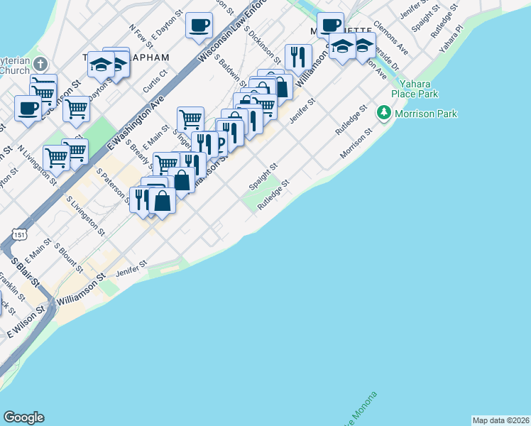 map of restaurants, bars, coffee shops, grocery stores, and more near 1111 Rutledge Street in Madison