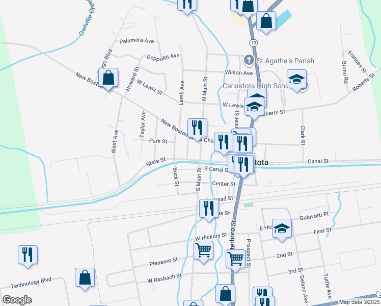 map of restaurants, bars, coffee shops, grocery stores, and more near 104 Catherine Street in Canastota