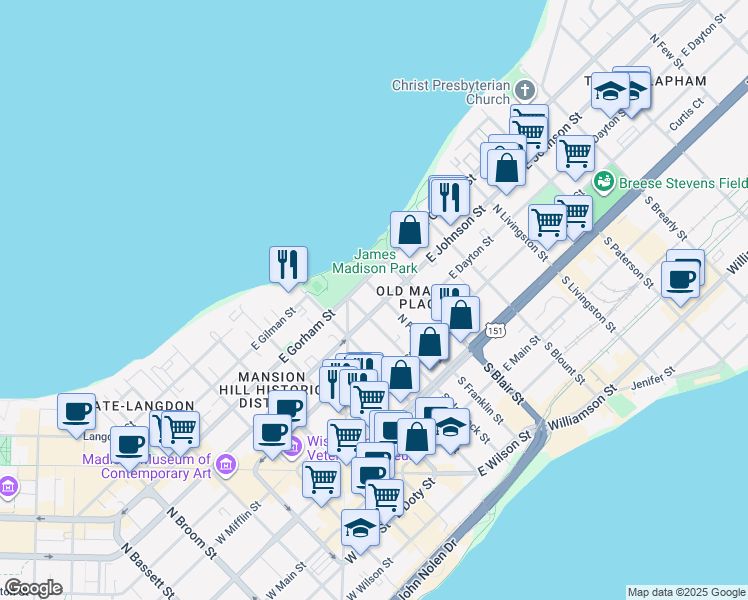 map of restaurants, bars, coffee shops, grocery stores, and more near 311 North Hancock Street in Madison