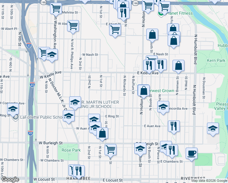 map of restaurants, bars, coffee shops, grocery stores, and more near 3372 North Palmer Street in Milwaukee