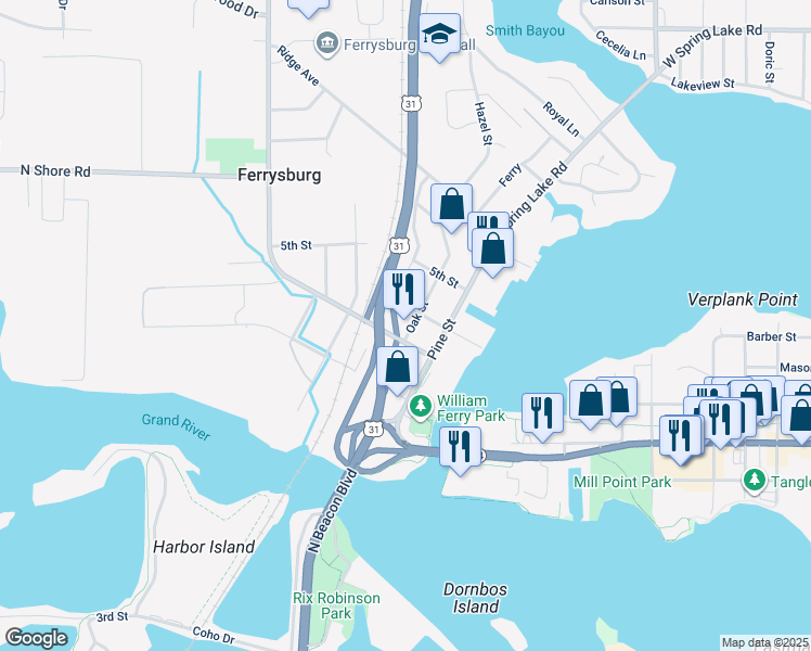 map of restaurants, bars, coffee shops, grocery stores, and more near 307 Oak Street in Spring Lake