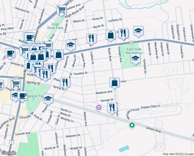 map of restaurants, bars, coffee shops, grocery stores, and more near 67 Ludlow Street in Saratoga Springs