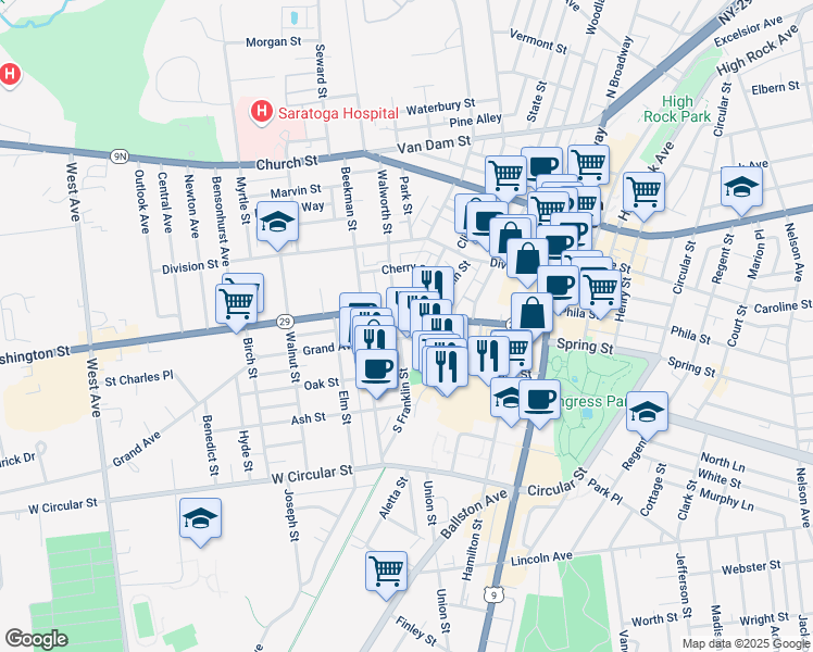 map of restaurants, bars, coffee shops, grocery stores, and more near 92 Congress Street in Saratoga Springs