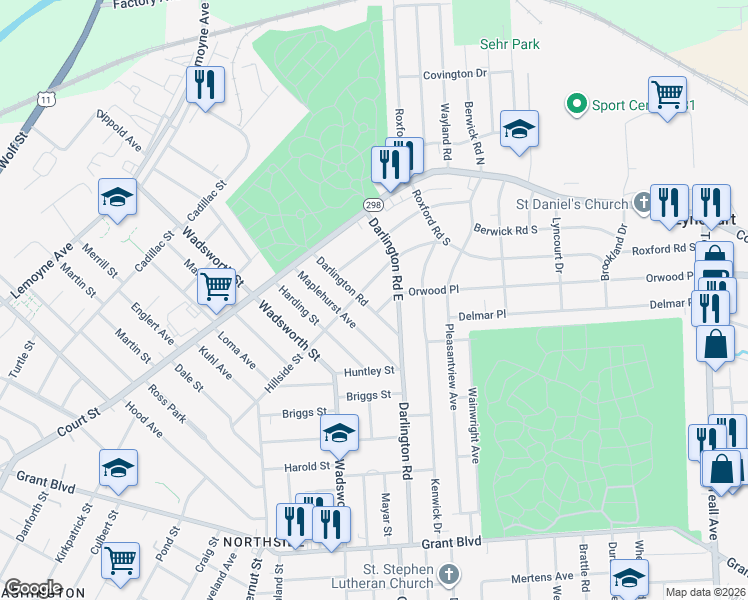 map of restaurants, bars, coffee shops, grocery stores, and more near 721 Darlington Road in Syracuse