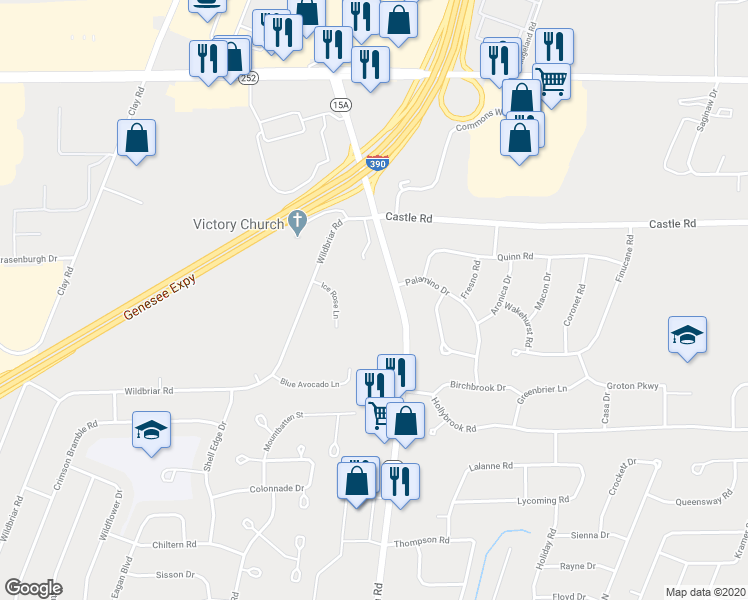 map of restaurants, bars, coffee shops, grocery stores, and more near 2039 East Henrietta Road in Rochester