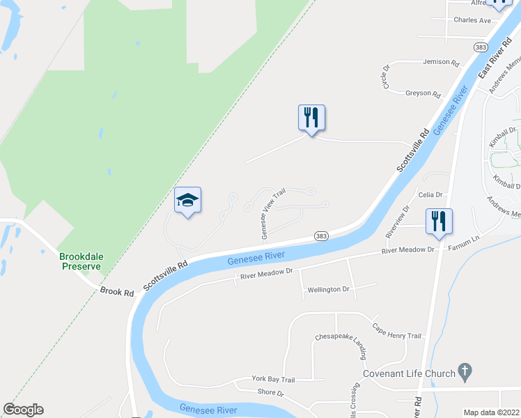 map of restaurants, bars, coffee shops, grocery stores, and more near 4 Great Meadow Circle in Rochester
