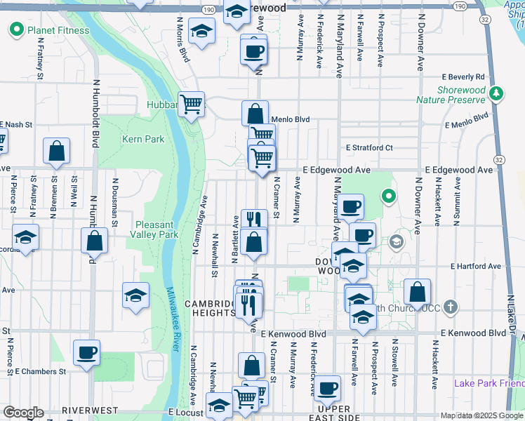 map of restaurants, bars, coffee shops, grocery stores, and more near 3421 North Oakland Avenue in Milwaukee