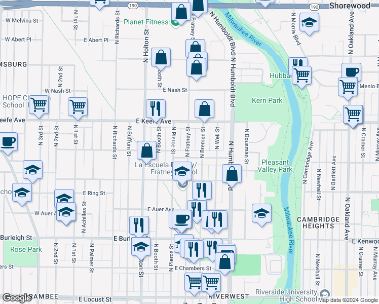 map of restaurants, bars, coffee shops, grocery stores, and more near 732 East Townsend Street in Milwaukee