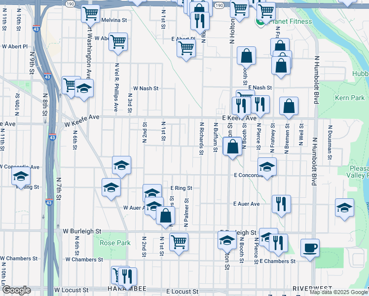 map of restaurants, bars, coffee shops, grocery stores, and more near 3372 North Palmer Street in Milwaukee