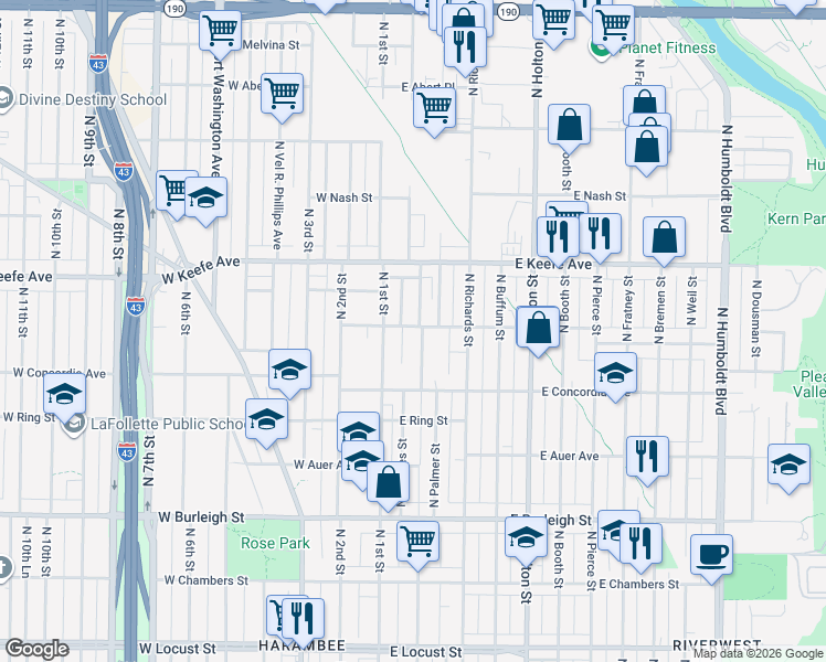 map of restaurants, bars, coffee shops, grocery stores, and more near 3372 North Palmer Street in Milwaukee