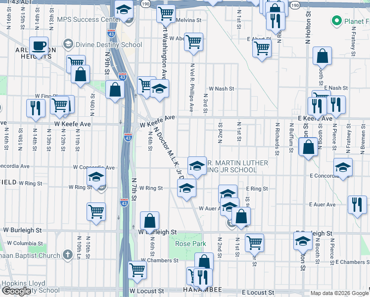 map of restaurants, bars, coffee shops, grocery stores, and more near 3348 Vel R. Phillips Avenue in Milwaukee