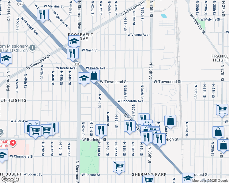 map of restaurants, bars, coffee shops, grocery stores, and more near 3936 Wisconsin 145 in Milwaukee
