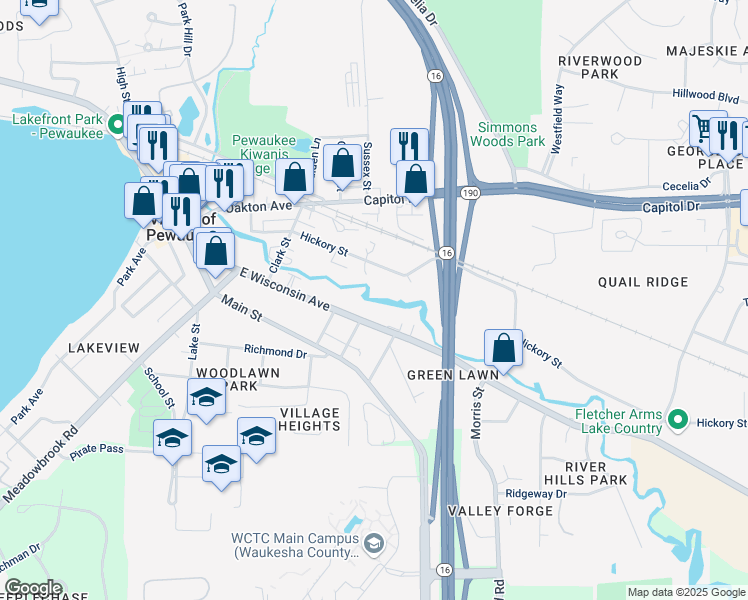 map of restaurants, bars, coffee shops, grocery stores, and more near 23390 Stone Ridge Drive in Waukesha