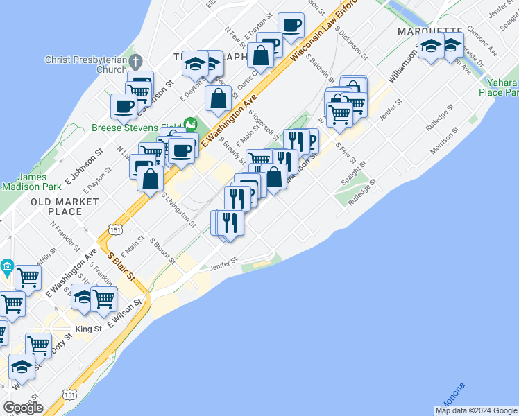 map of restaurants, bars, coffee shops, grocery stores, and more near 933 Williamson Street in Madison