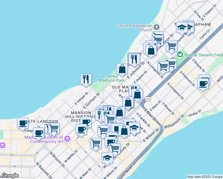 map of restaurants, bars, coffee shops, grocery stores, and more near 311 North Hancock Street in Madison