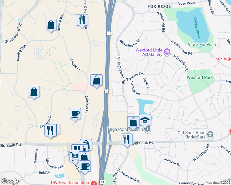 map of restaurants, bars, coffee shops, grocery stores, and more near 1022 North High Point Road in Madison