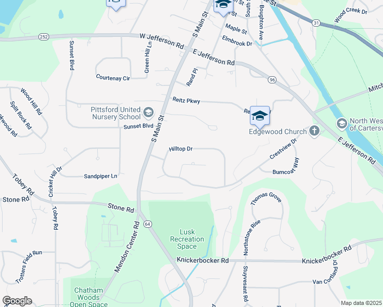 map of restaurants, bars, coffee shops, grocery stores, and more near 15 Hilltop Drive in Pittsford