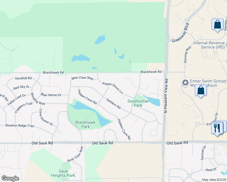 map of restaurants, bars, coffee shops, grocery stores, and more near 5 Coyote Court in Madison