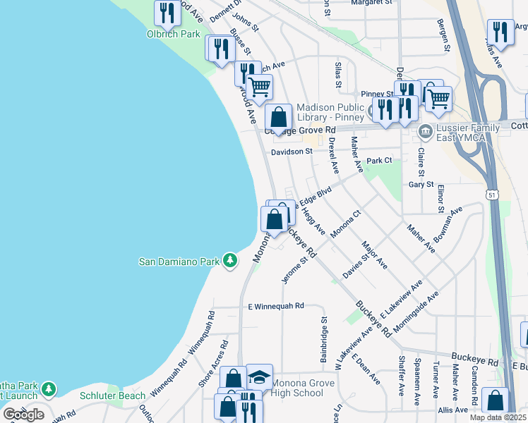 map of restaurants, bars, coffee shops, grocery stores, and more near 4033 Monona Drive in Monona