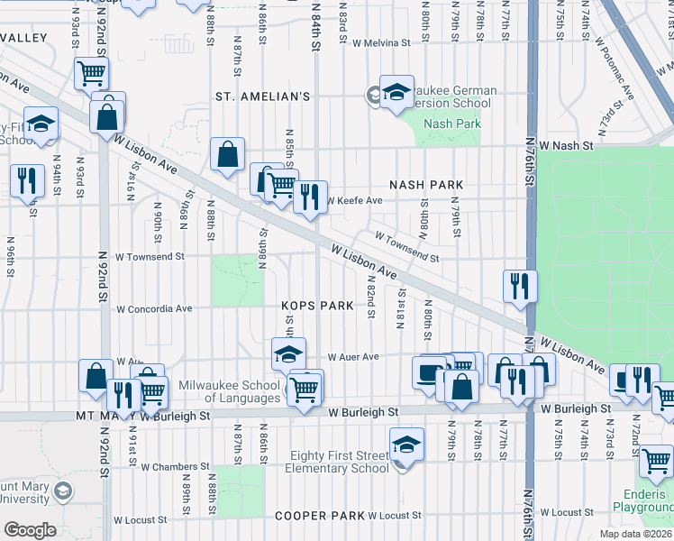map of restaurants, bars, coffee shops, grocery stores, and more near 3344 North 84th Street in Milwaukee