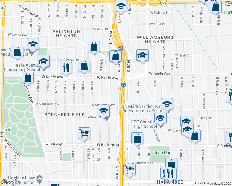 map of restaurants, bars, coffee shops, grocery stores, and more near 3355 North 8th Street in Milwaukee