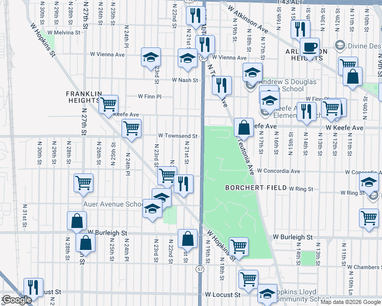 map of restaurants, bars, coffee shops, grocery stores, and more near 3351 North 20th Street in Milwaukee