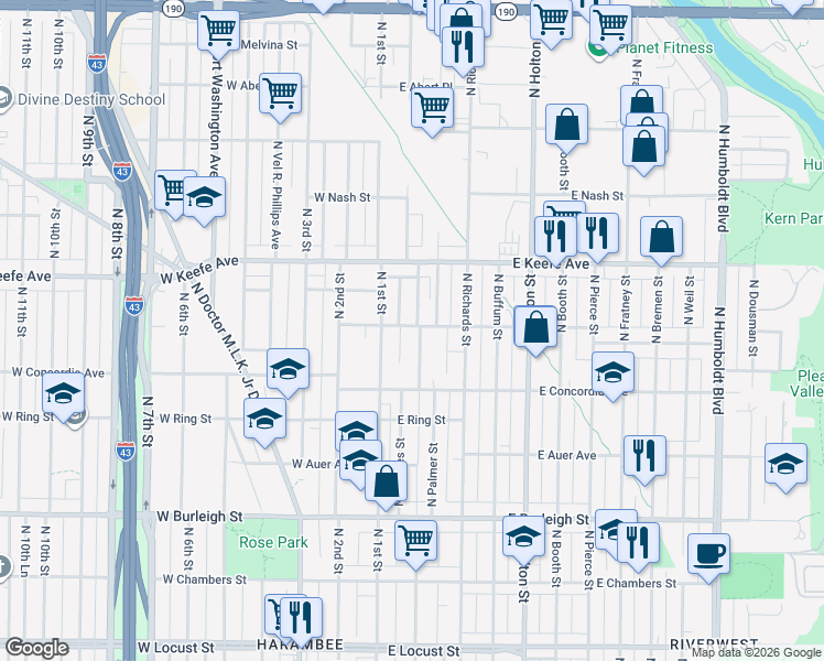 map of restaurants, bars, coffee shops, grocery stores, and more near 3372 North Palmer Street in Milwaukee