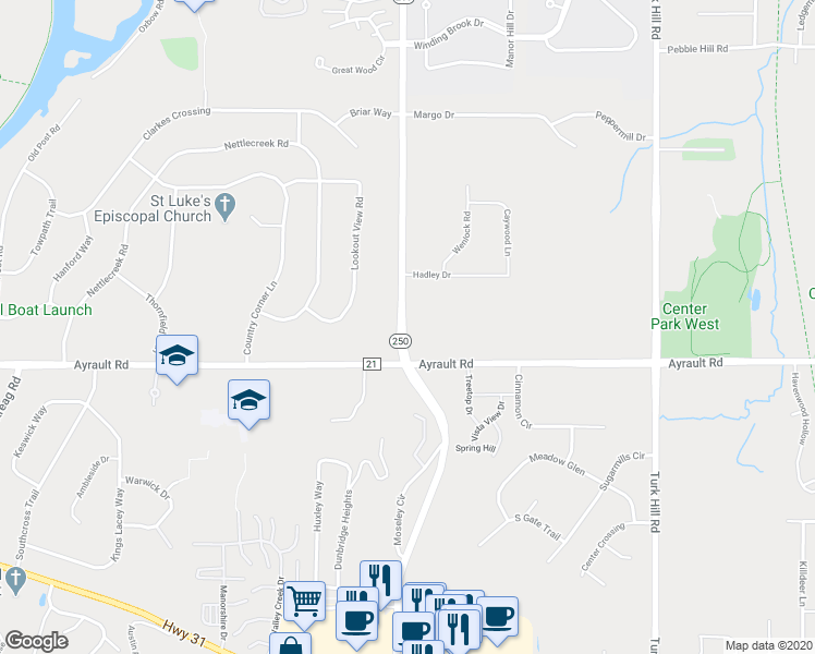 map of restaurants, bars, coffee shops, grocery stores, and more near 298 Moseley Road in Fairport