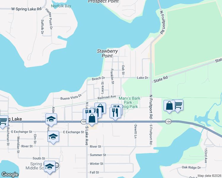 map of restaurants, bars, coffee shops, grocery stores, and more near 17191 Franklin Avenue in Spring Lake