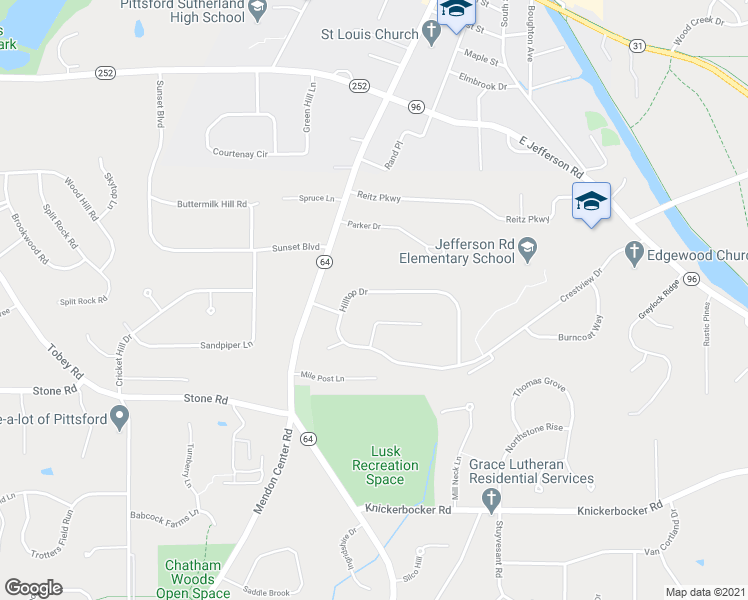 map of restaurants, bars, coffee shops, grocery stores, and more near 15 Hilltop Drive in Pittsford