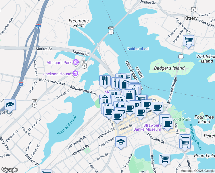 map of restaurants, bars, coffee shops, grocery stores, and more near 319 Vaughan Street in Portsmouth