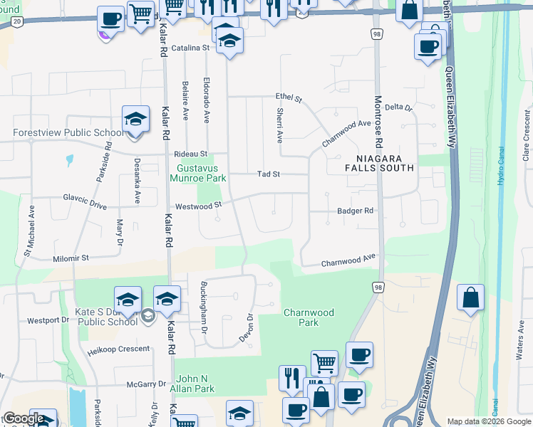 map of restaurants, bars, coffee shops, grocery stores, and more near 6517 Dalena Place in Niagara Falls