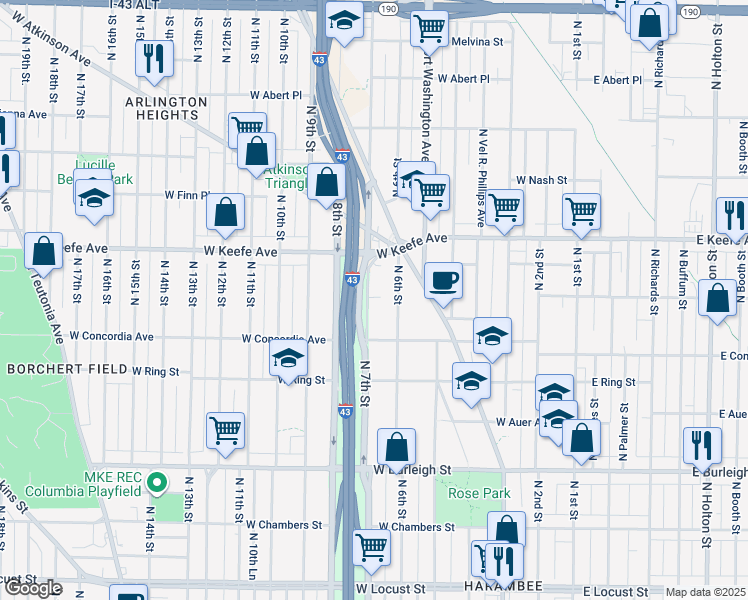 map of restaurants, bars, coffee shops, grocery stores, and more near 3356 North 7th Street in Milwaukee