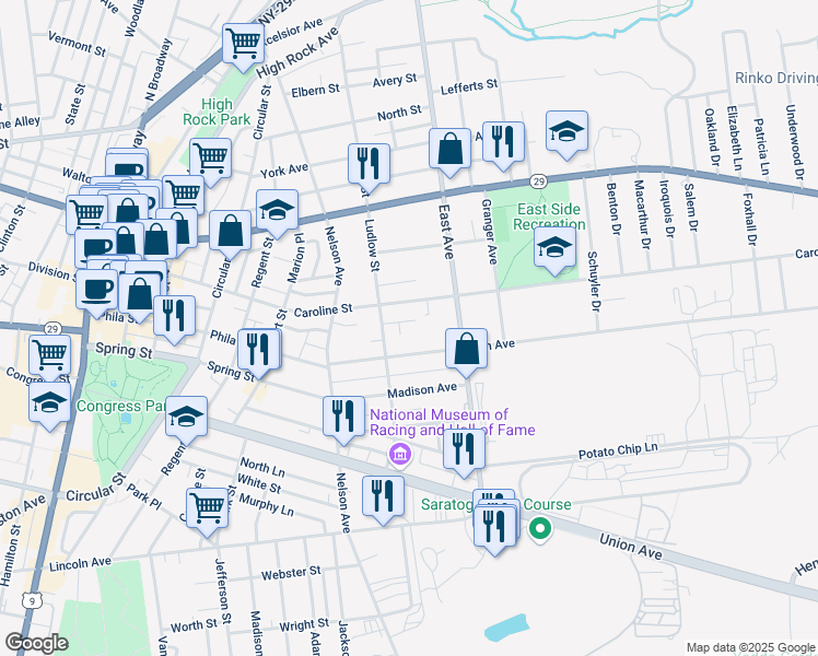 map of restaurants, bars, coffee shops, grocery stores, and more near 8 Labelle Ln in Saratoga Springs
