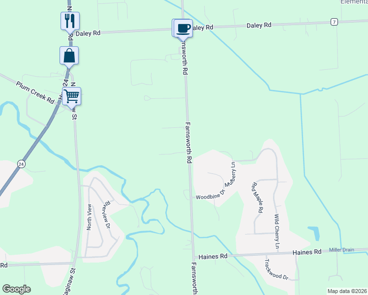 map of restaurants, bars, coffee shops, grocery stores, and more near 1733 Farnsworth Road in Lapeer