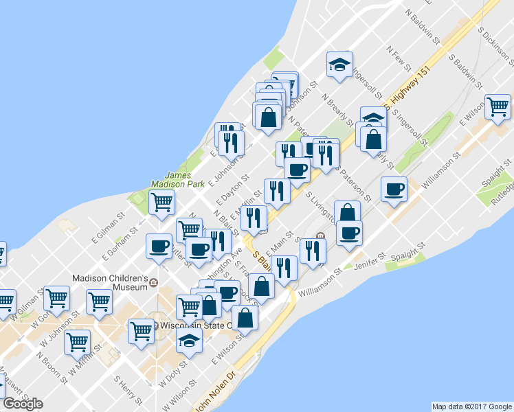map of restaurants, bars, coffee shops, grocery stores, and more near 12 N Blount St in Madison