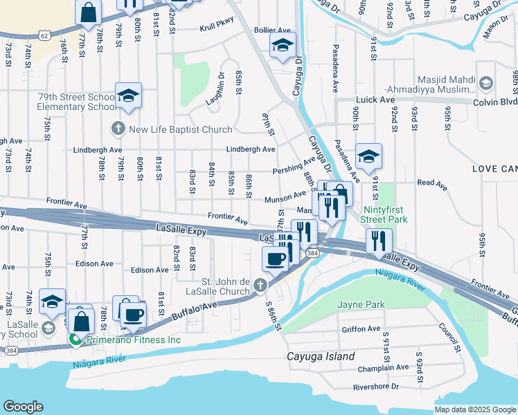 map of restaurants, bars, coffee shops, grocery stores, and more near 8633 Munson Avenue in Niagara Falls