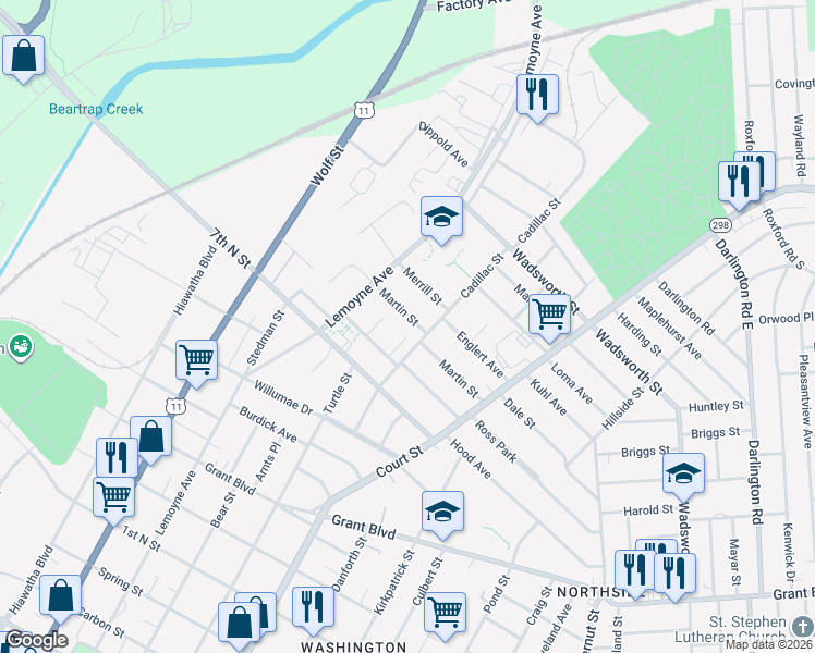map of restaurants, bars, coffee shops, grocery stores, and more near 125 Marcia Street in Syracuse
