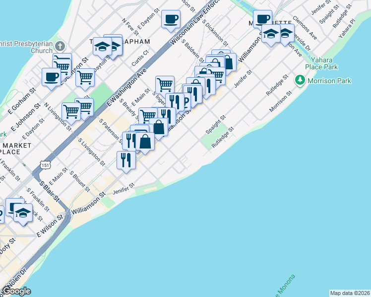 map of restaurants, bars, coffee shops, grocery stores, and more near 1026 Spaight Street in Madison
