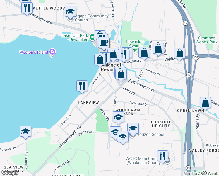 map of restaurants, bars, coffee shops, grocery stores, and more near 173 Lake Street in Pewaukee