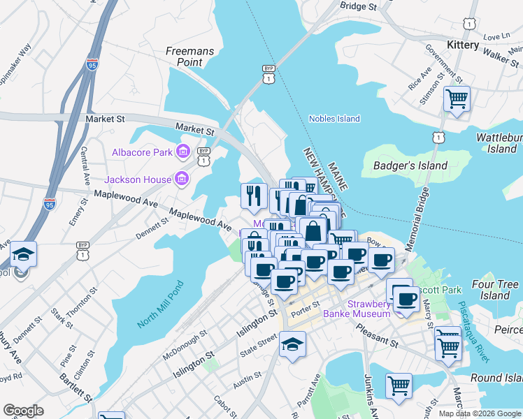 map of restaurants, bars, coffee shops, grocery stores, and more near 319 Vaughan Street in Portsmouth