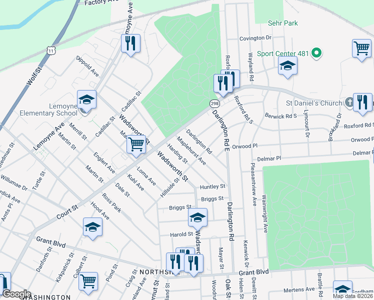 map of restaurants, bars, coffee shops, grocery stores, and more near 221-23 Maplehurst Avenue in Syracuse