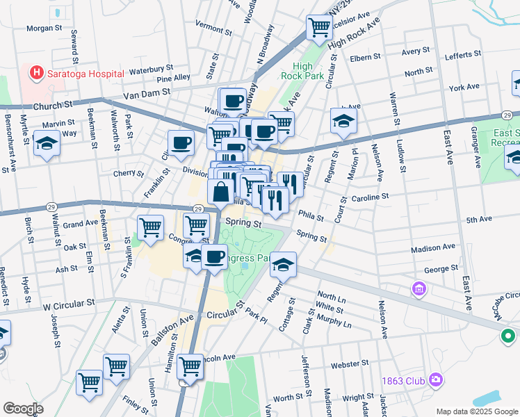 map of restaurants, bars, coffee shops, grocery stores, and more near 44 Phila Street in Saratoga Springs