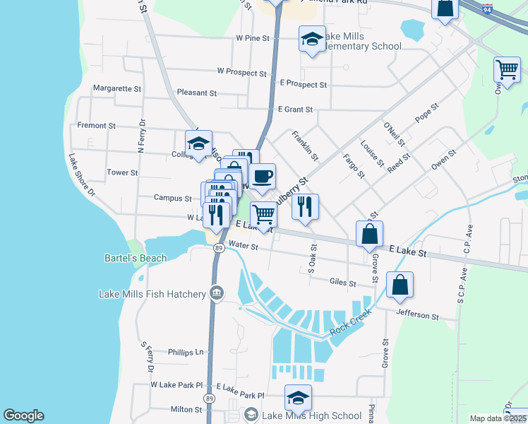 map of restaurants, bars, coffee shops, grocery stores, and more near 5 County Road B in Lake Mills