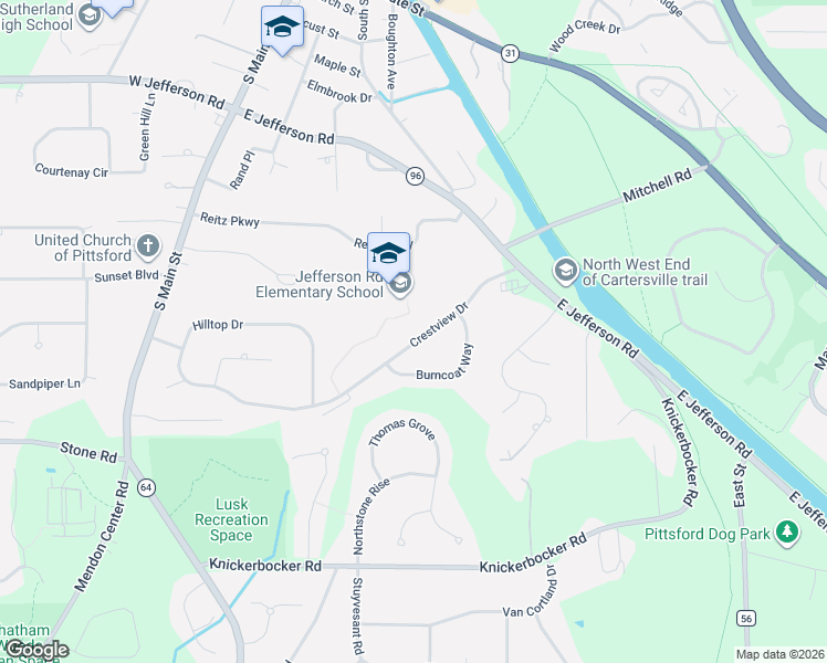 map of restaurants, bars, coffee shops, grocery stores, and more near 59 Crestview Drive in Pittsford