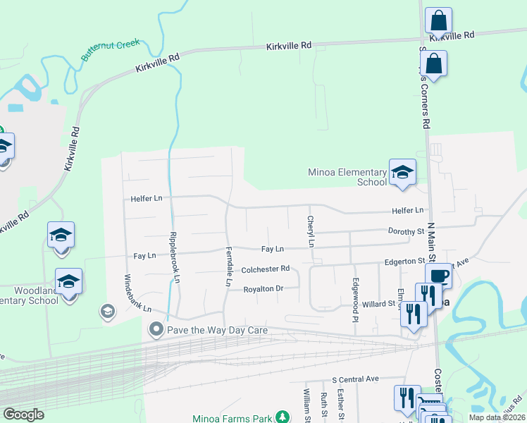map of restaurants, bars, coffee shops, grocery stores, and more near 213 Helfer Lane in Minoa