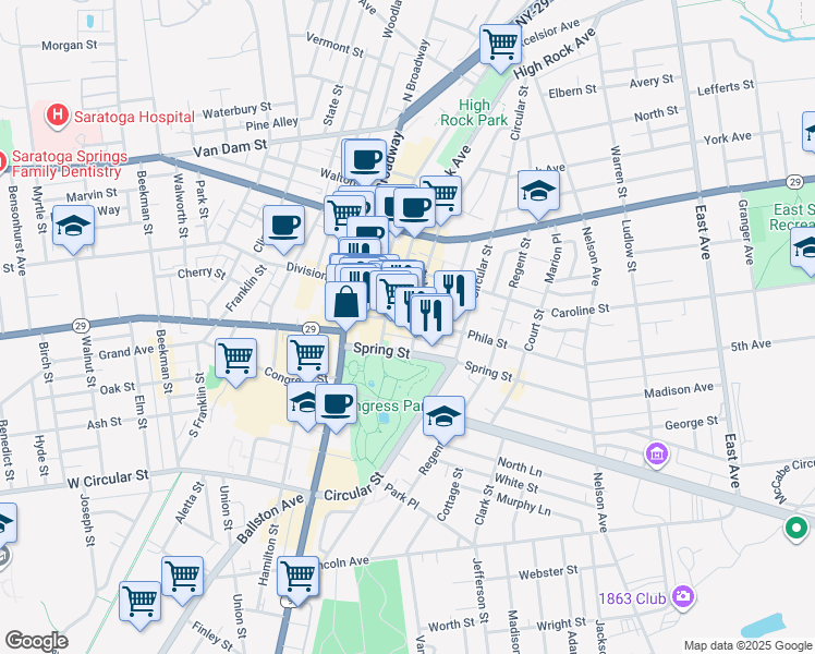 map of restaurants, bars, coffee shops, grocery stores, and more near 44 Phila Street in Saratoga Springs